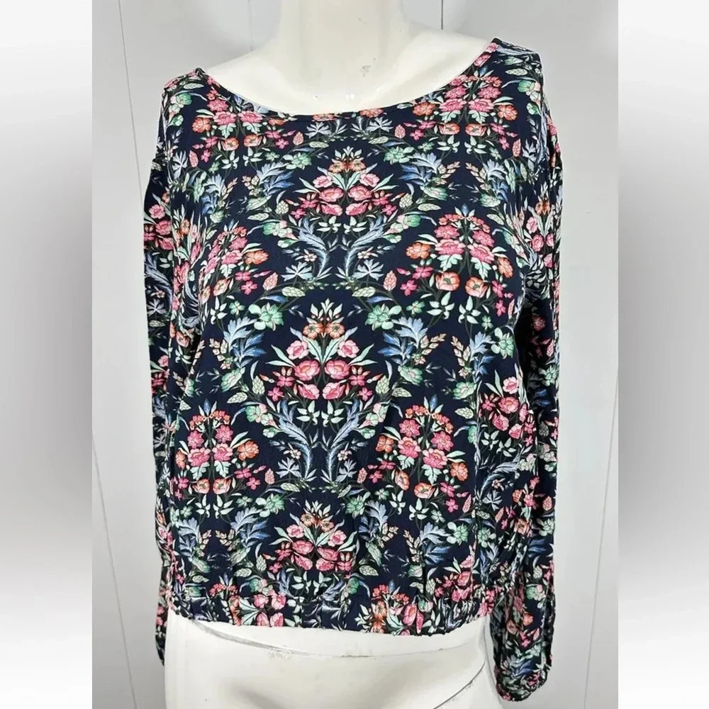 NWT LOFT Floral Black Cropped Elasticized Waist Boho Peasant Top tunic shirt